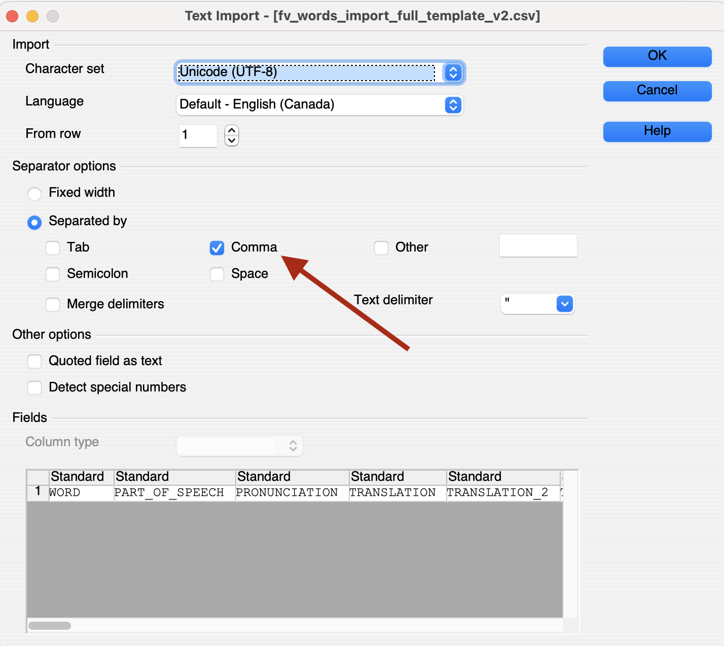 Screenshot of the Open Office settings text import settings window, with an arrow pointing to the option Separated by - Comma, which is the only one checked