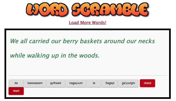 An example image of the Word Scramble page