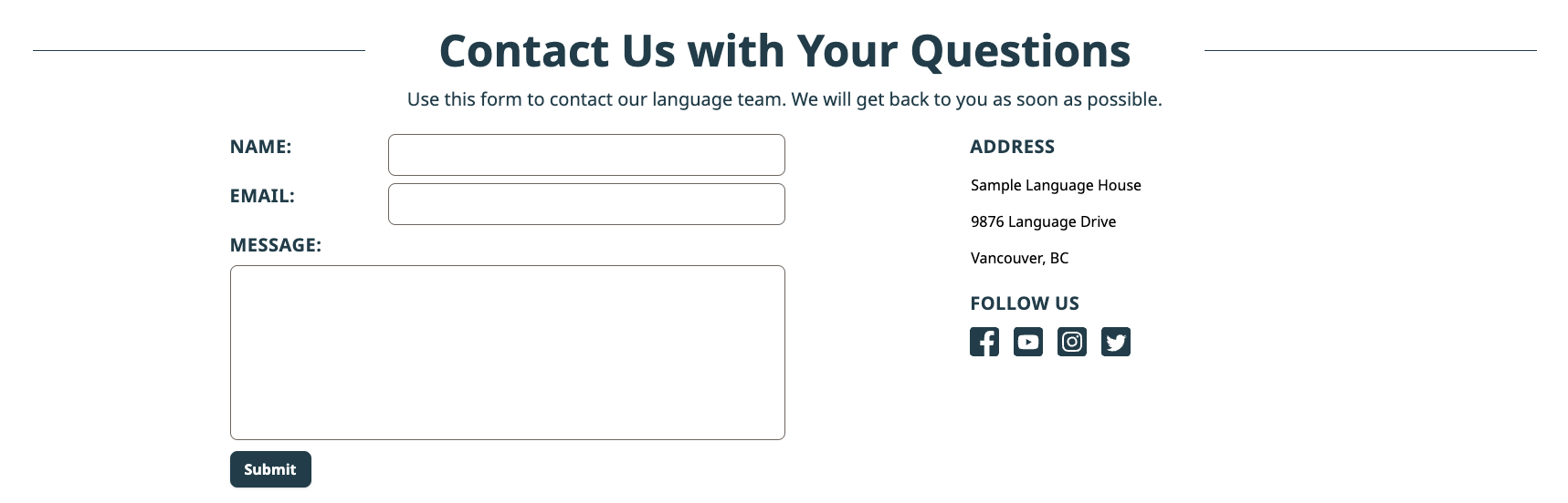 Example of a contact us widget with a form, mailing address, and social media links