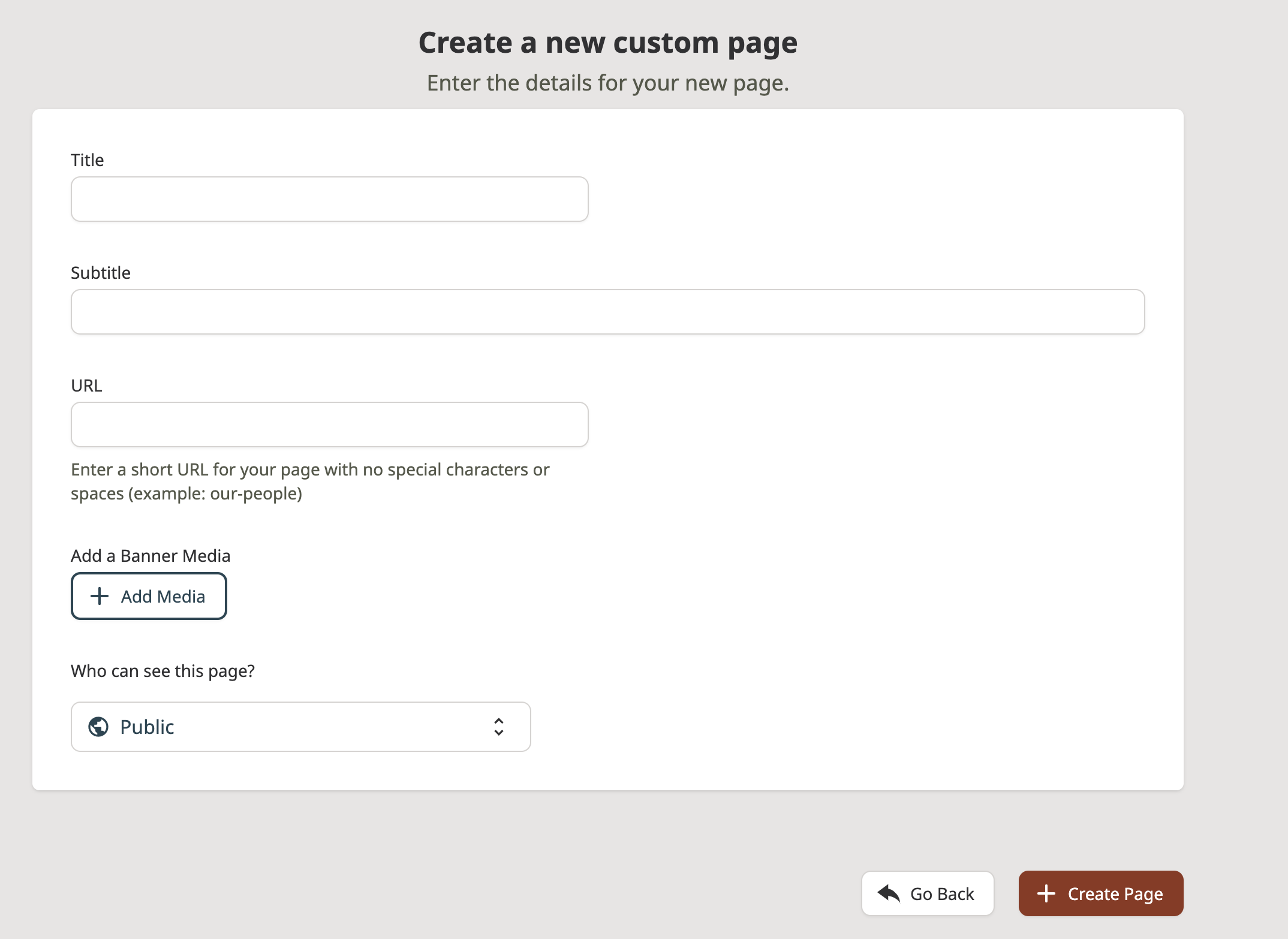 Screenshot of the form to create a custom page, all fields are empty